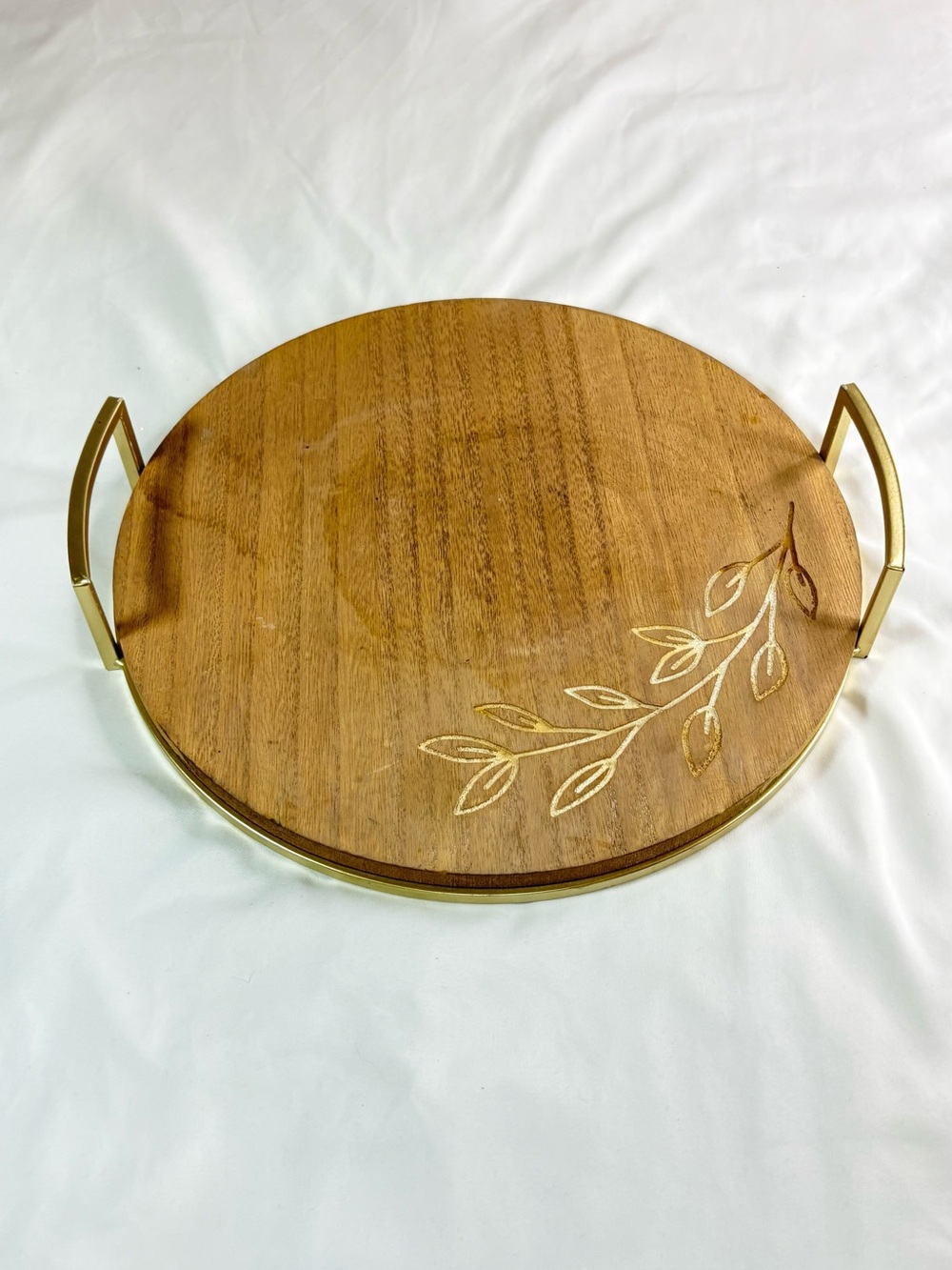 Wood and Gold Round Serving Tray with Leaf Accent - Brown